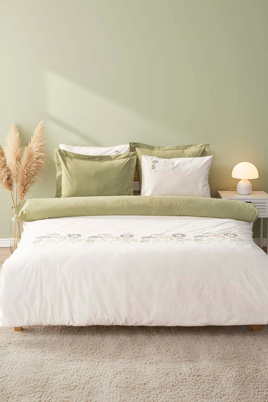 Botanic Green 100% Cotton Embroidered Duvet Cover Set, 6-Piece Double Size Bedding – Breathable Fabric, 200x220 cm