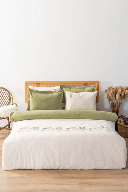 Botanic Green 100% Cotton Embroidered Duvet Cover Set, 6-Piece Double Size Bedding – Breathable Fabric, 200x220 cm