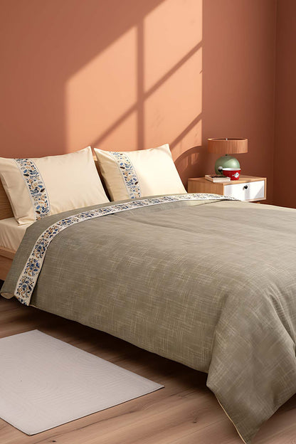 Folkart Beige Double Patterned 100% Cotton Duvet Cover Set – 4 Pieces