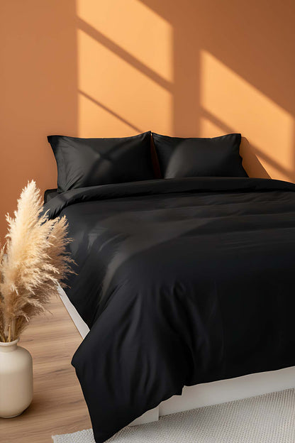 Elegant Black Satin Double 100% Cotton Duvet Cover Set – 4 Pieces