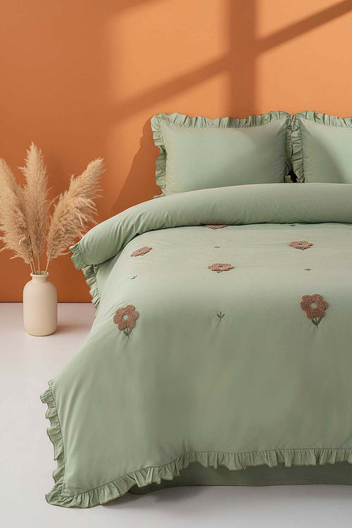 Florita Green Double Embroidered 100% Cotton Duvet Cover Set – 4 Pieces