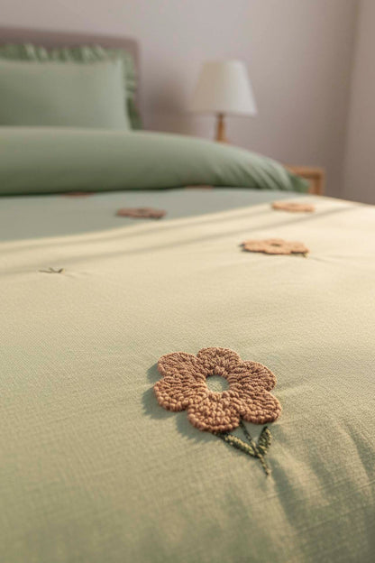 Florita Green Double Embroidered 100% Cotton Duvet Cover Set – 4 Pieces