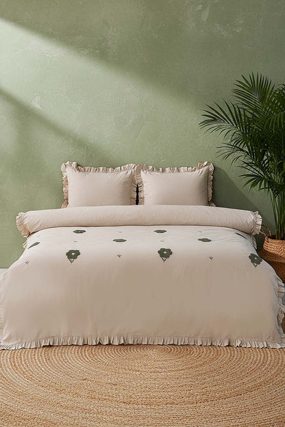 Florita Cappuccino Double Embroidered 100% Cotton Duvet Cover Set – 4 Pieces