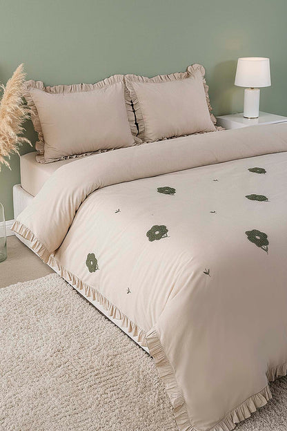 Florita Cappuccino Double Embroidered 100% Cotton Duvet Cover Set – 4 Pieces