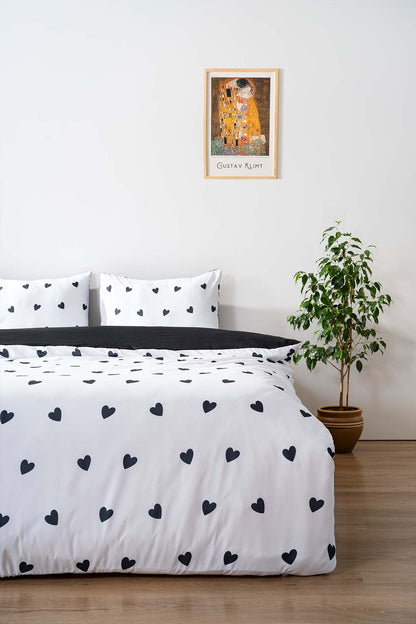 Black Mini Hearts Polycotton Double Size Duvet Cover Set, Zipper, 200×215 cm, 3-Piece