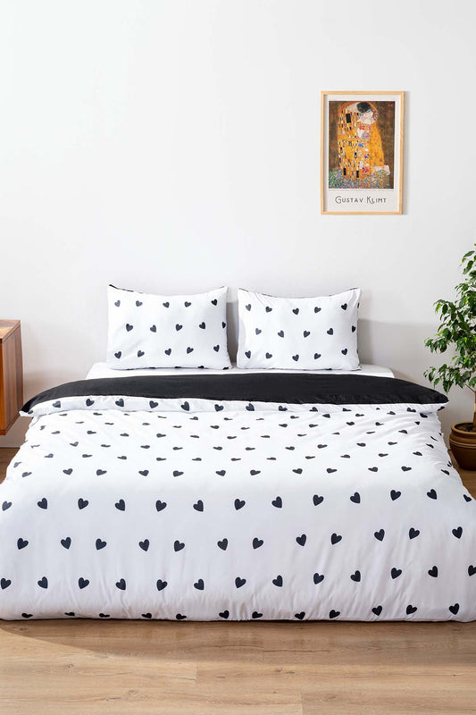Black Mini Hearts Polycotton Double Size Duvet Cover Set, Zipper, 200×215 cm, 3-Piece