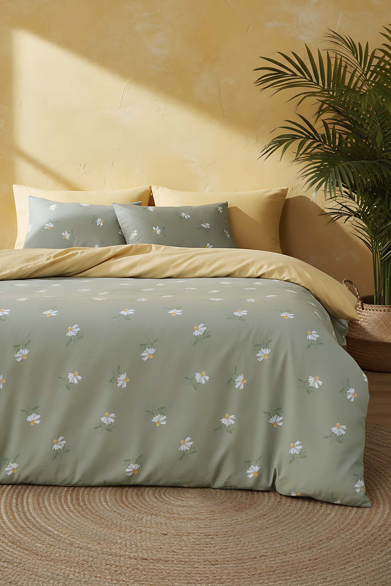 Green Daisy Beechwood Viscose Blend Double Duvet Cover Set – Silky Soft, Antibacterial, Breathable, 3-Piece, 200x215 cm