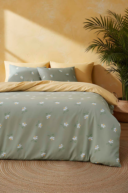 Green Daisy Beechwood Viscose Blend Double Duvet Cover Set – Silky Soft, Antibacterial, Breathable, 3-Piece, 200x215 cm
